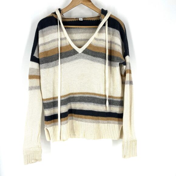 Autumn Cashmere Hoodie Sweater Size Medium Honeycomb Striped Pullover V Neck - Picture 1 of 7